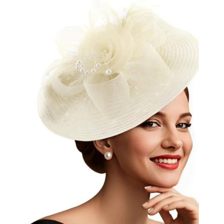 Mesh Floral Straw Feather Headdress Hat
