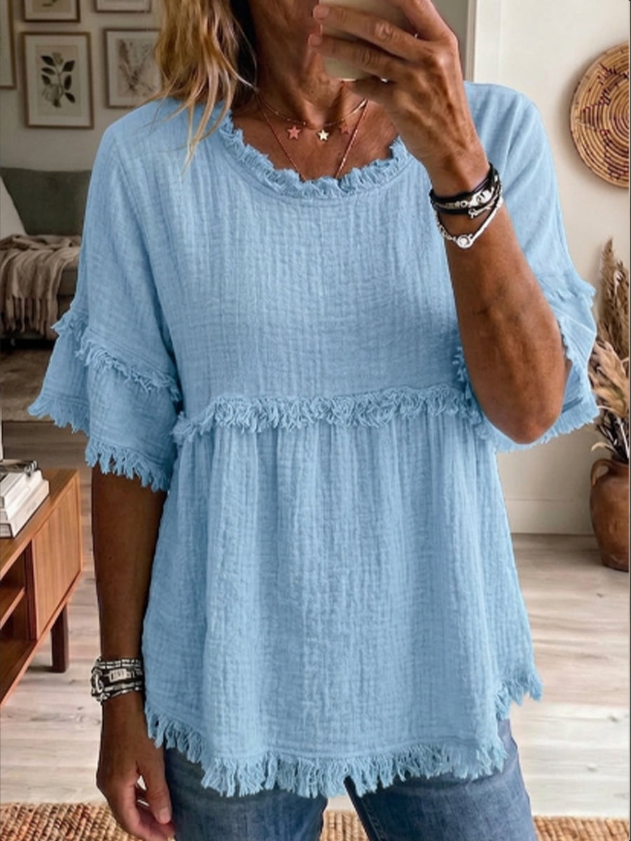 Casual Short-sleeve Raw-hem Linen-blend Top