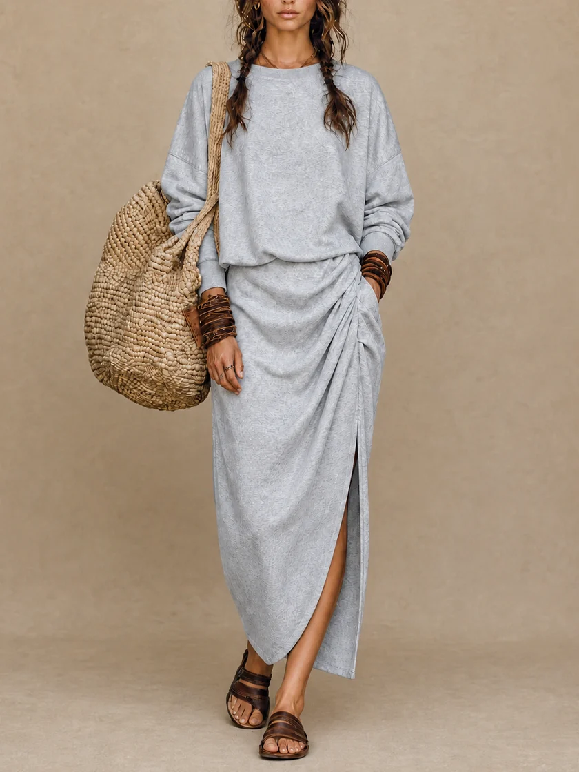 Gray Loose Top Pleated Asymmetric Casual Maxi Dress Set