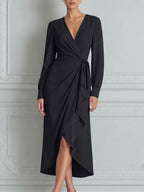 Black Dress Fall Wedding Guest Dress Wrap Ruffle Midi Dress