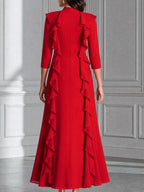 Elegant Ruffle Trim High Neck Fit And Flare Maxi Dress