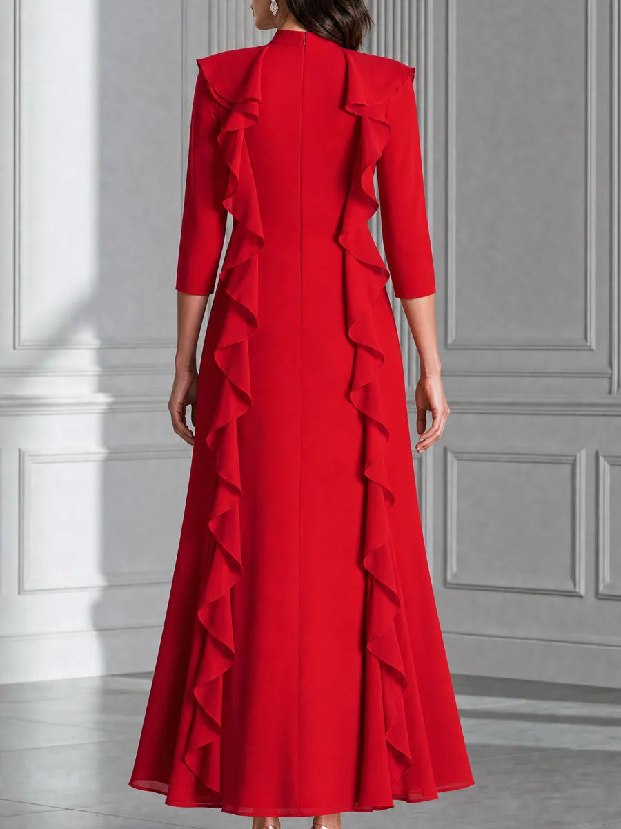 Elegant Ruffle Trim High Neck Fit And Flare Maxi Dress