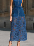 Sleeveless Denim Top And Lace Panel Maxi Skirt Set