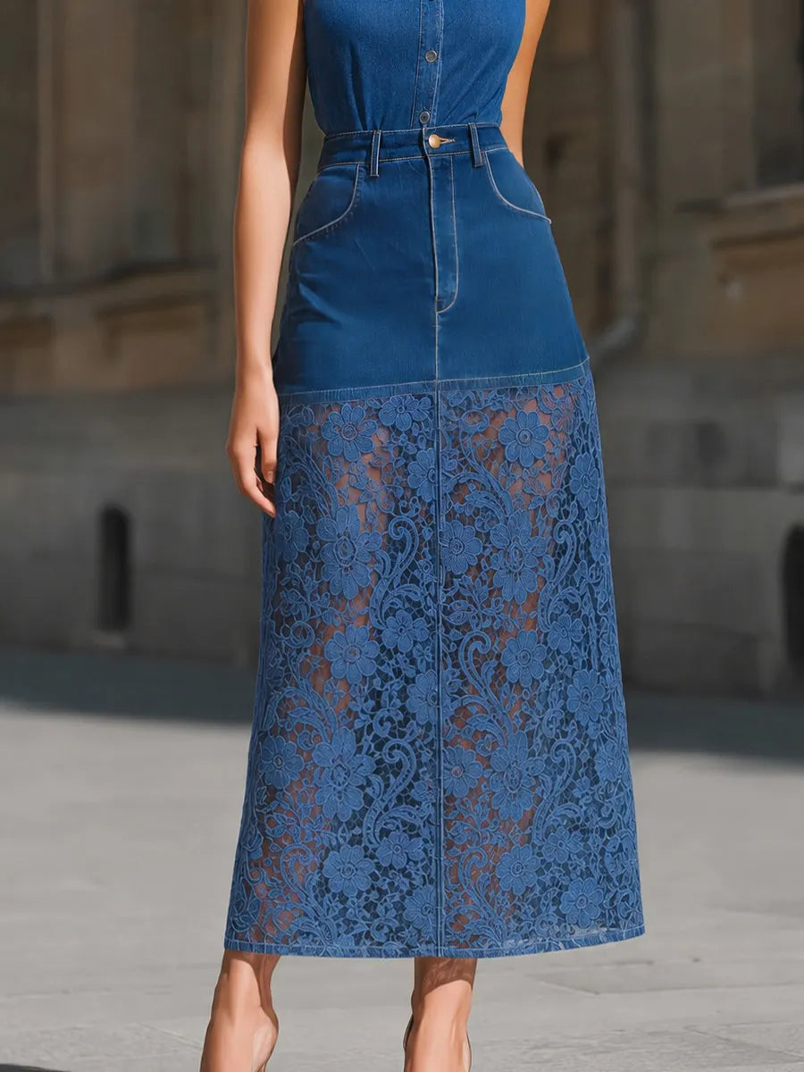 Sleeveless Denim Top And Lace Panel Maxi Skirt Set