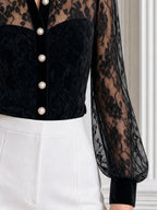 Elegant Velvet Collar & Pearl Buttons Floral Lace Blouse