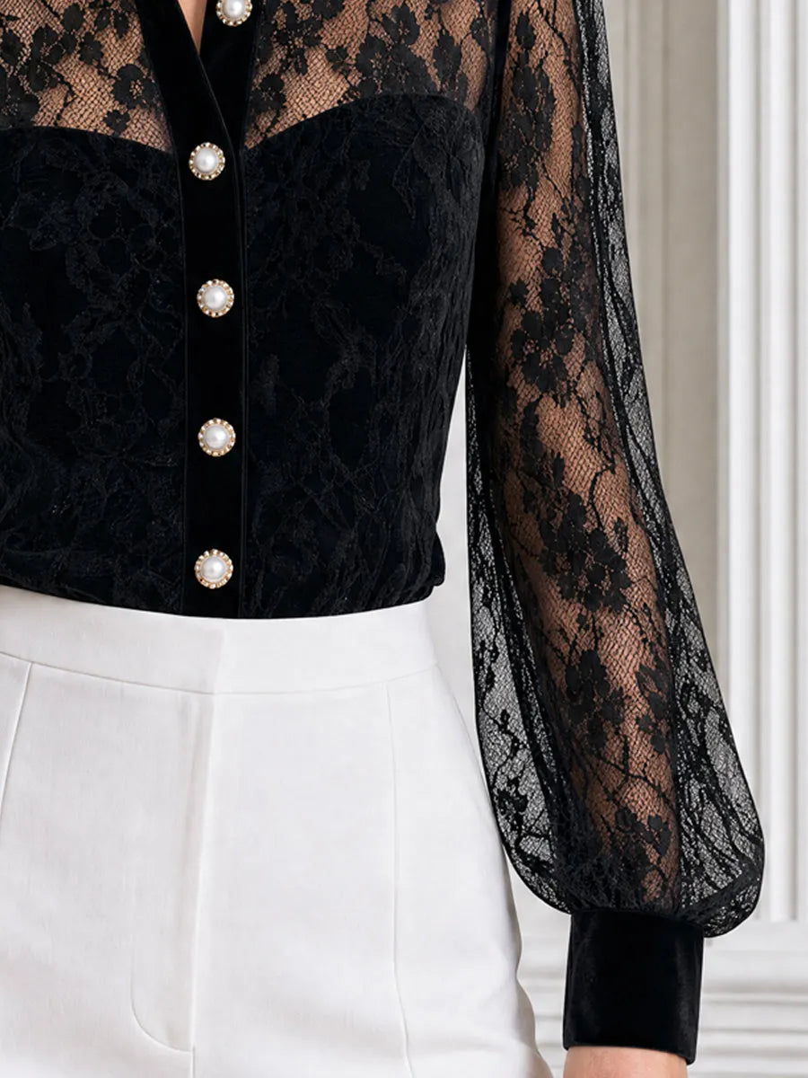 Elegant Velvet Collar & Pearl Buttons Floral Lace Blouse