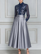 Navy Sequin Shirt And Silver Pleated Skirt Two-Piece Set