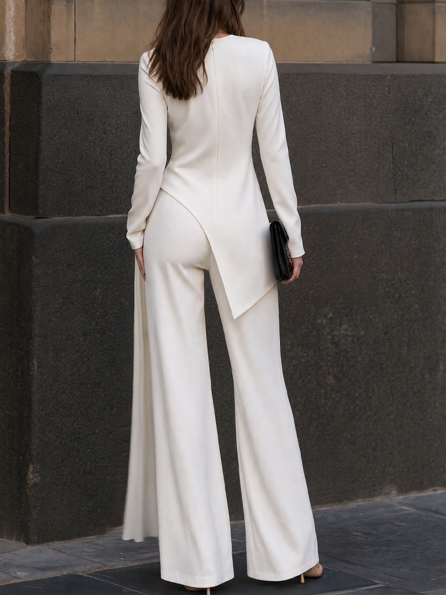 Asymmetric Pleated Overlay Top And Wide-Leg Pants Set