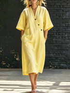 Cozy Buttons Loose-fit Cotton-linen Midi Dress