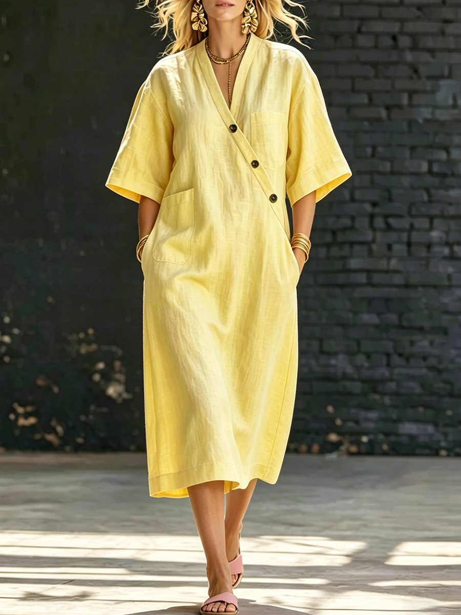 Cozy Buttons Loose-fit Cotton-linen Midi Dress