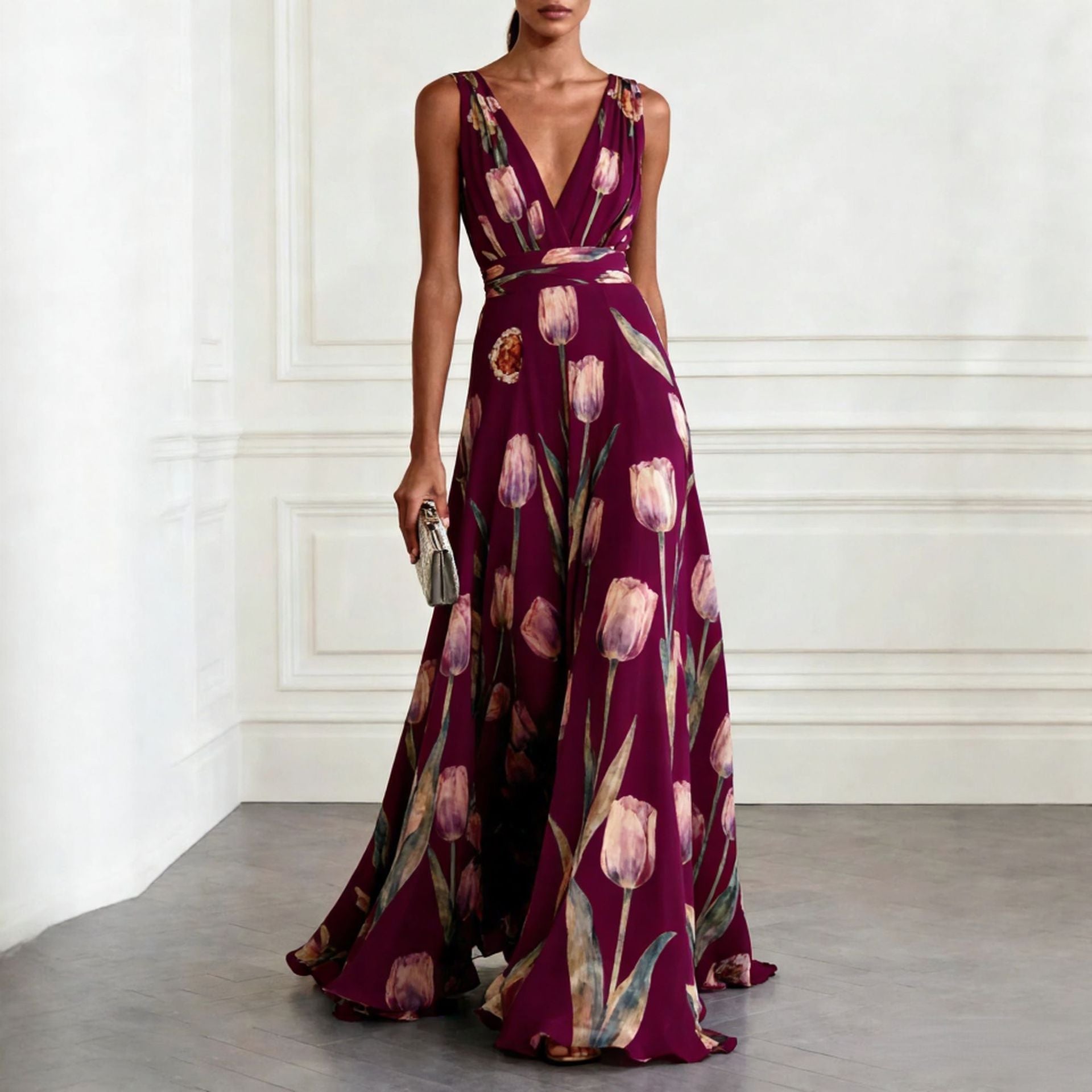 Elegant Tulip Print V-neck Maxi Dress