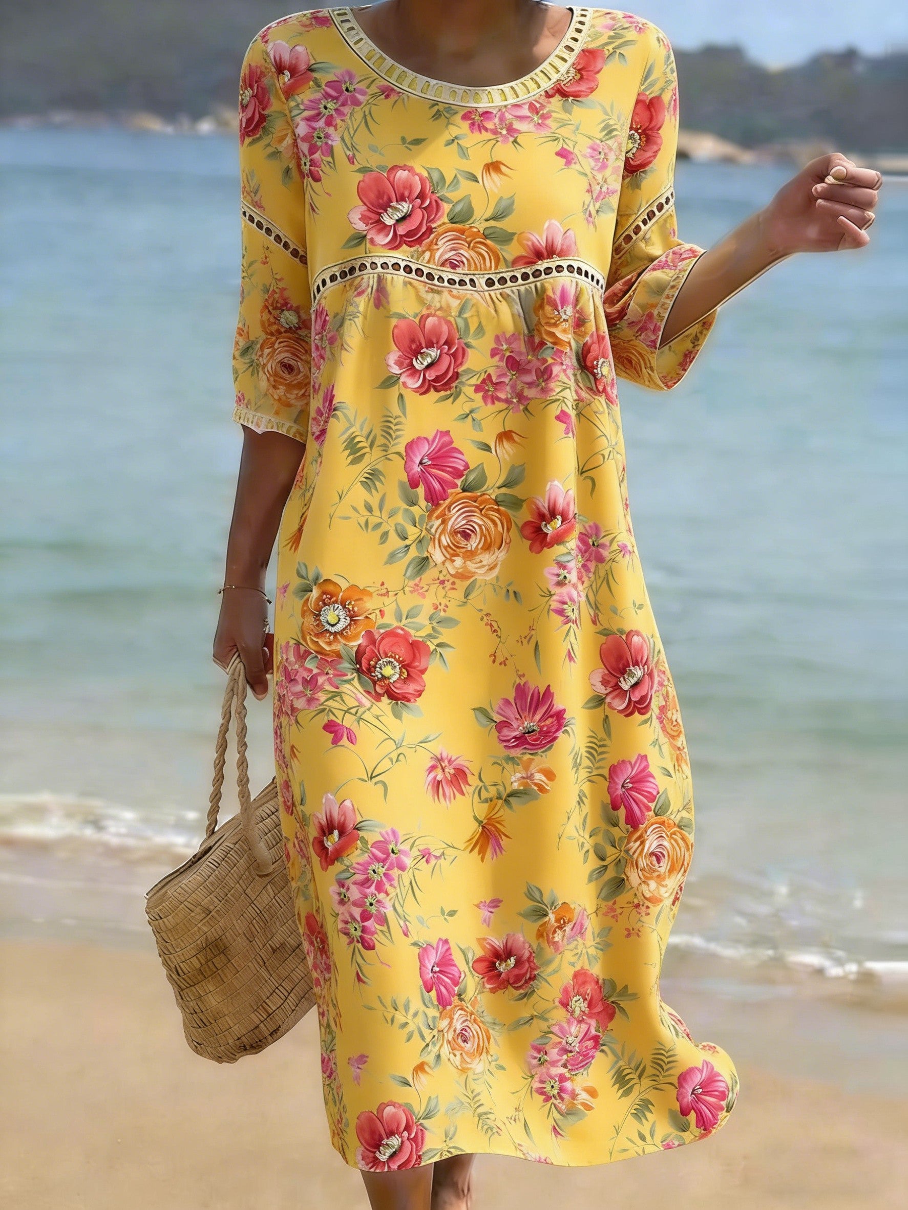 Women's Folk Flowers Print Crew Neck Cotton Pocket Dress
