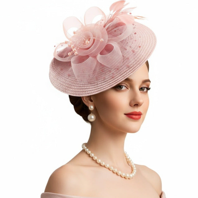 Mesh Floral Straw Feather Headdress Hat