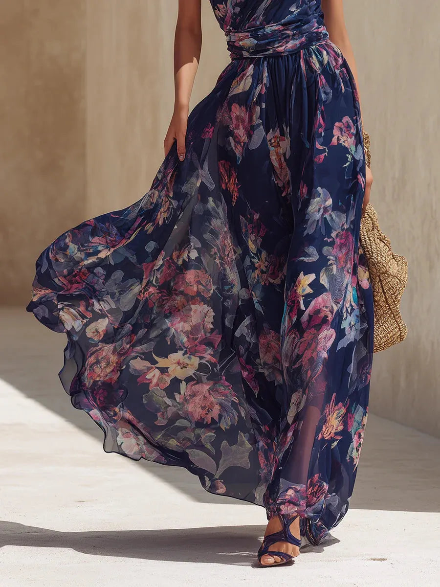 Vacation One-Shoulder Floral Chiffon Maxi Dress