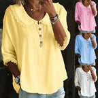 Women's  Retro Collared Lace-trimmed Solid Color Button-up Shirt