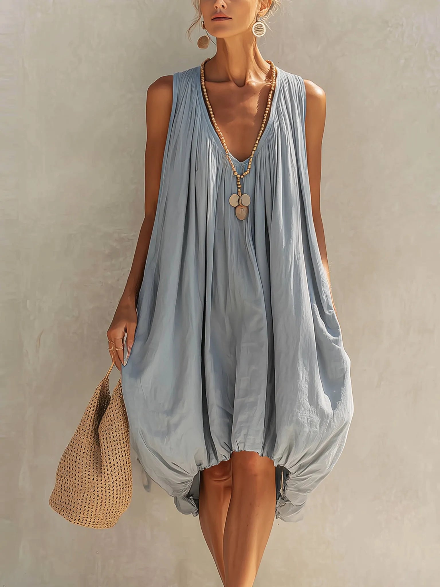 Blue Cotton Blend Sleeveless Balloon Midi Dress