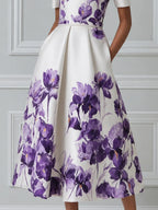 Ivory Purple Watercolor Iris Print Round Neck Pleated A-Line Midi Dress