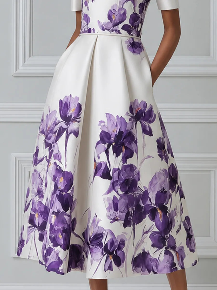 Ivory Purple Watercolor Iris Print Round Neck Pleated A-Line Midi Dress