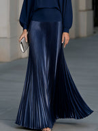 Pleated Satin Long Sleeve Flowing Maxi Dress