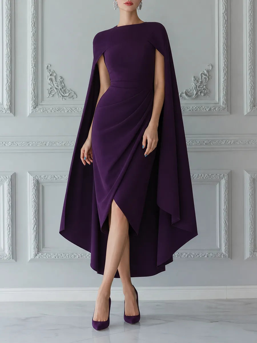 Purple Dress Fall Wedding Guest Dress Cape Sleeve Wrap Midi Dress