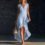 New Fashionable and Romantic Sleeveless V-Neck Cotton-Linen Long Dress with Ruffled Hem