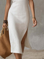 Stand-collar Split-hem Cotton And Linen Midi Dress