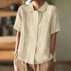Women Loose Button Down Plain Cotton Linen Short Sleeve Blouse