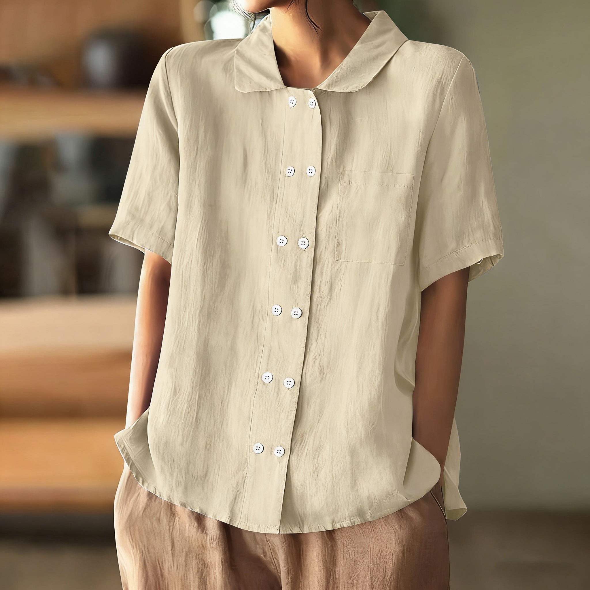 Women Loose Button Down Plain Cotton Linen Short Sleeve Blouse