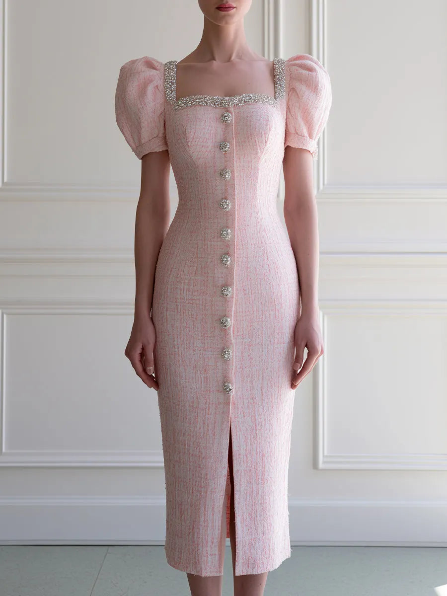 Tweed Puff Sleeve Crystal Embellished Bodycon Midi Dress