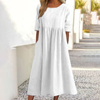 2025 spring and summer new round neck 5-quarter sleeve large size loose long cotton and linen dress