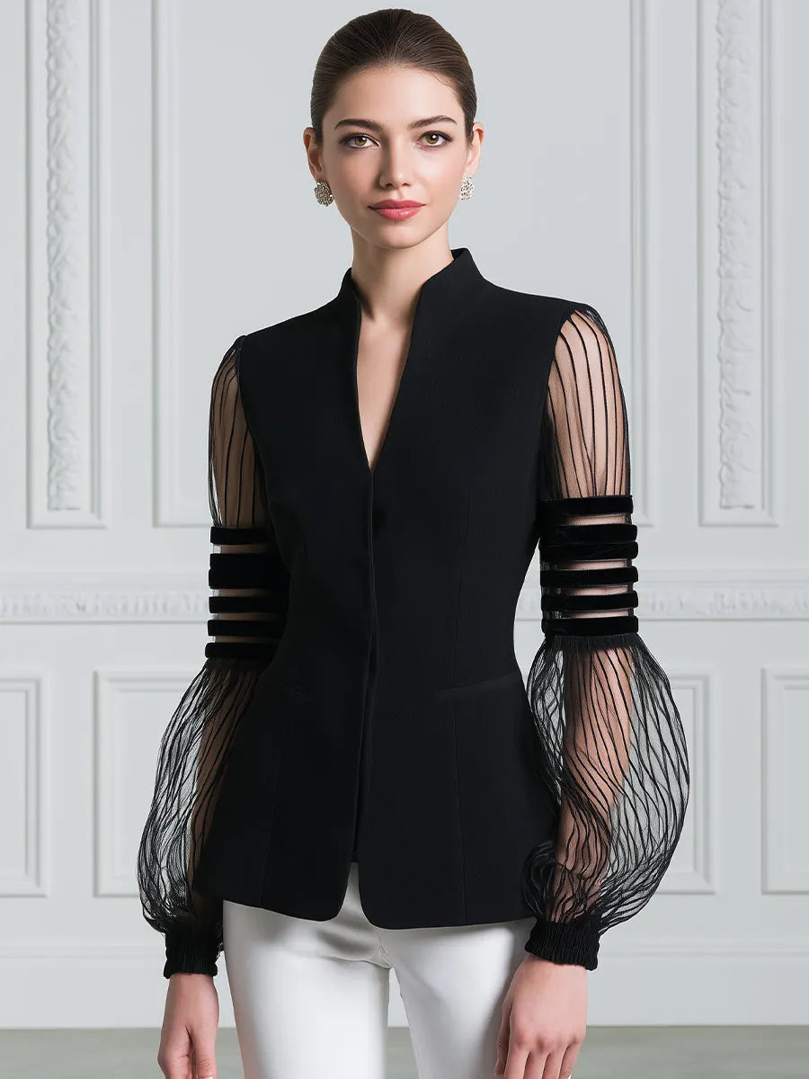 Stand Collar Sheer Striped Mesh Balloon Sleeve Tailored Blazer