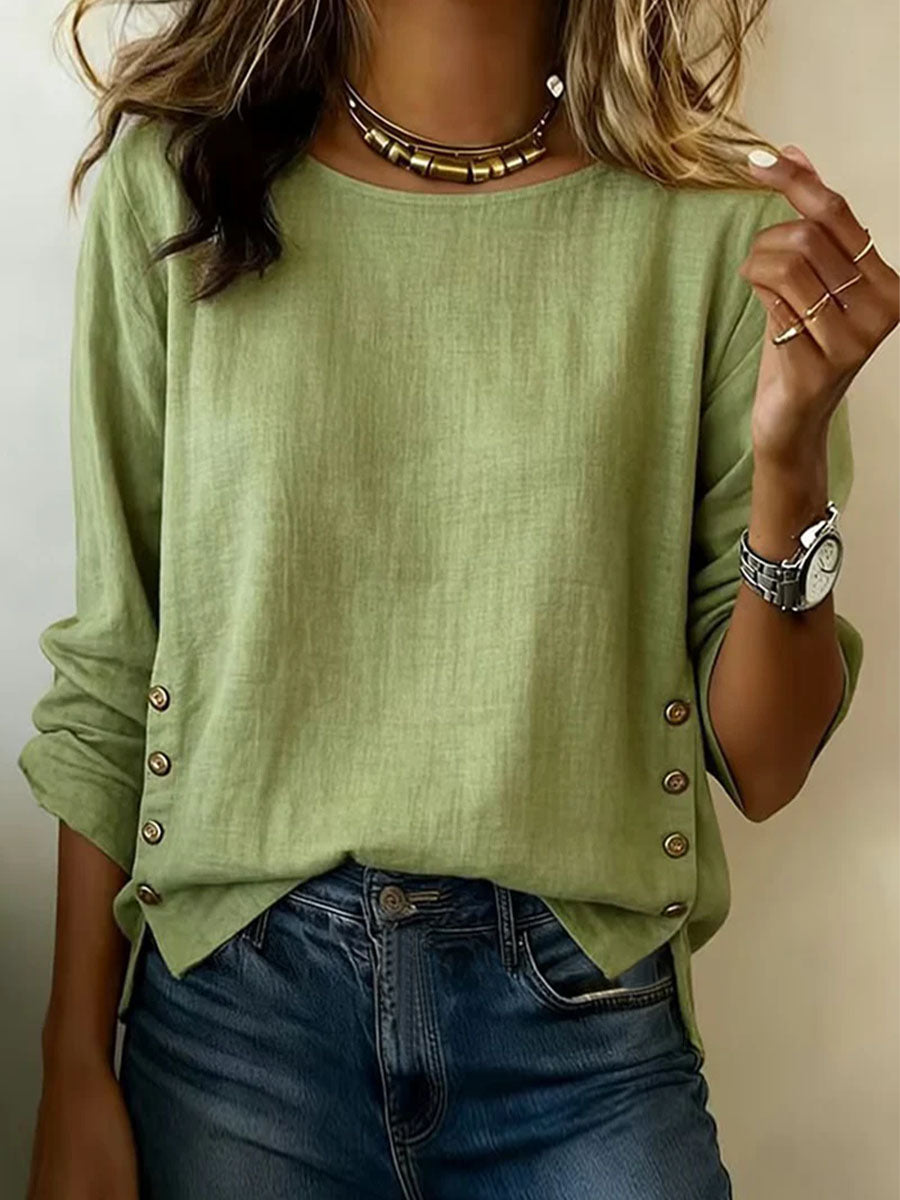 Women's Solid Color Round Neck Long-sleeved Casual Loose Cotton And Linen Top