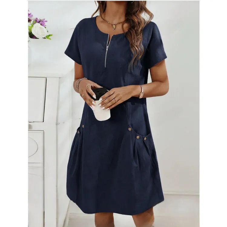 Solid-Color Round-Neck Fashion Dress