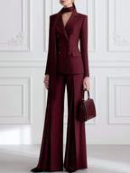 Burgundy Double-Breasted Blazer with Wide-Leg Trousers Suit Set