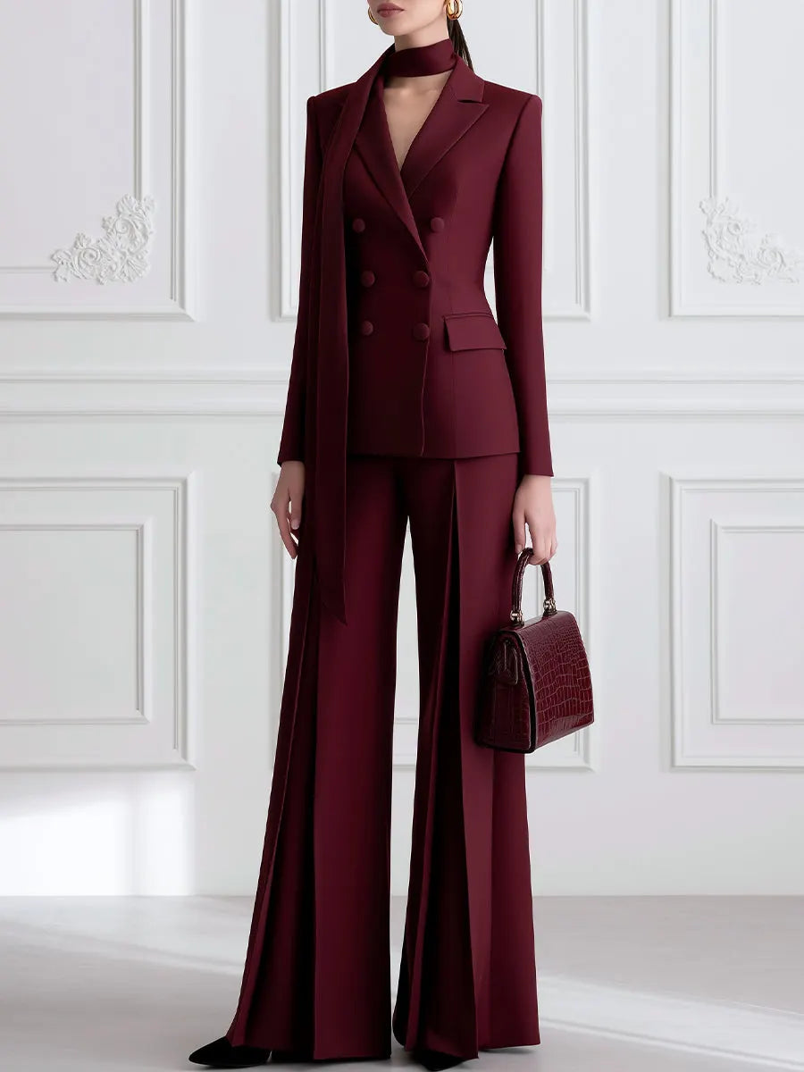 Burgundy Double-Breasted Blazer with Wide-Leg Trousers Suit Set