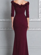 Burgundy Red Dress Fall Wedding Guest Dress Floral Off Shoulder Slit Maxi Dress