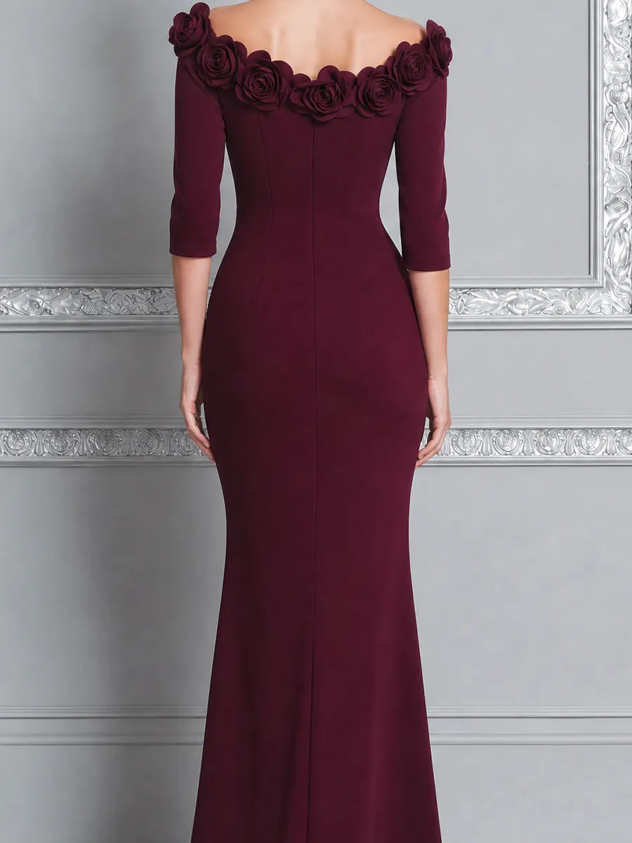 Burgundy Red Dress Fall Wedding Guest Dress Floral Off Shoulder Slit Maxi Dress
