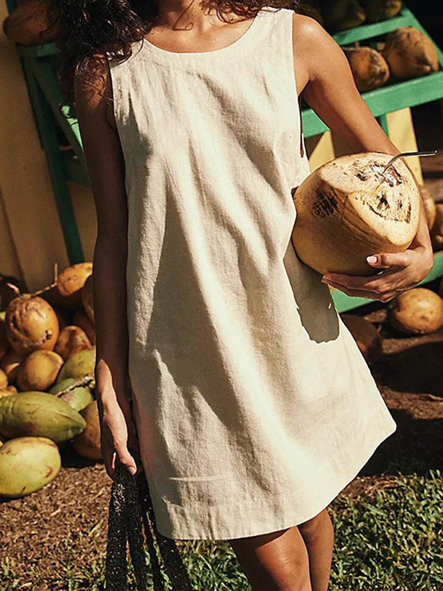 Women's Solid Color Loose Stylish Casual Sleeveless Cotton Dress