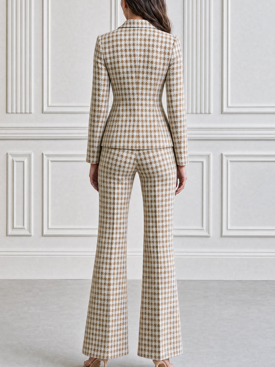 Houndstooth Tweed Blazer & Flare Pants Two-Piece Suit Set