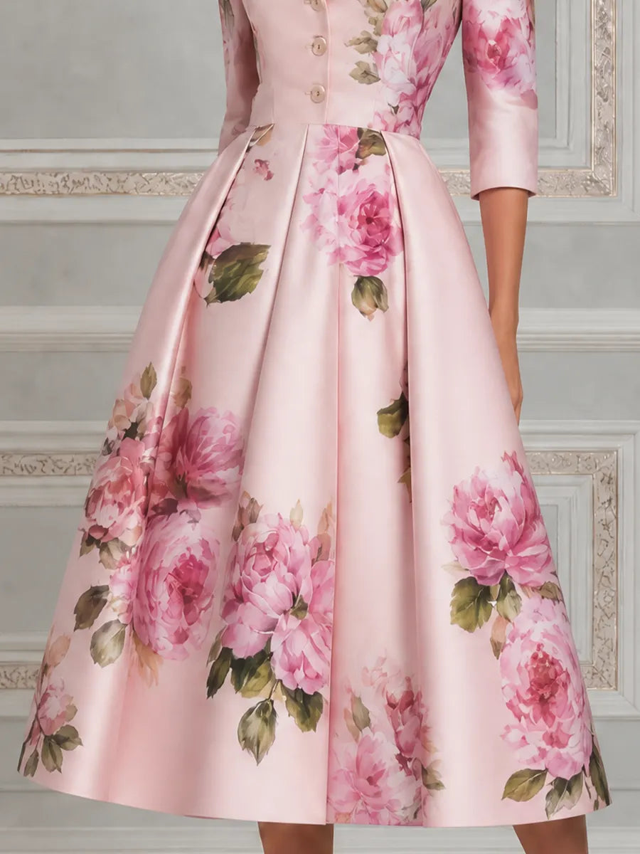 Pink Watercolor Peony Print Notched Lapel Pleated A-Line Midi Dress