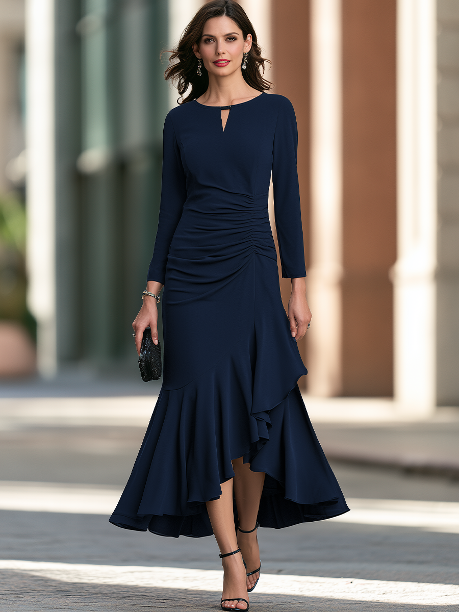 Elegant Keyhole Neck Long Sleeve Ruched Asymmetric Ruffle Hem Cocktail Dress