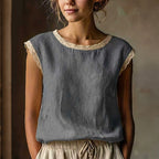 Retro Loose Solid Color Round Neck Lace Patchwork Sleeveless T-shirt