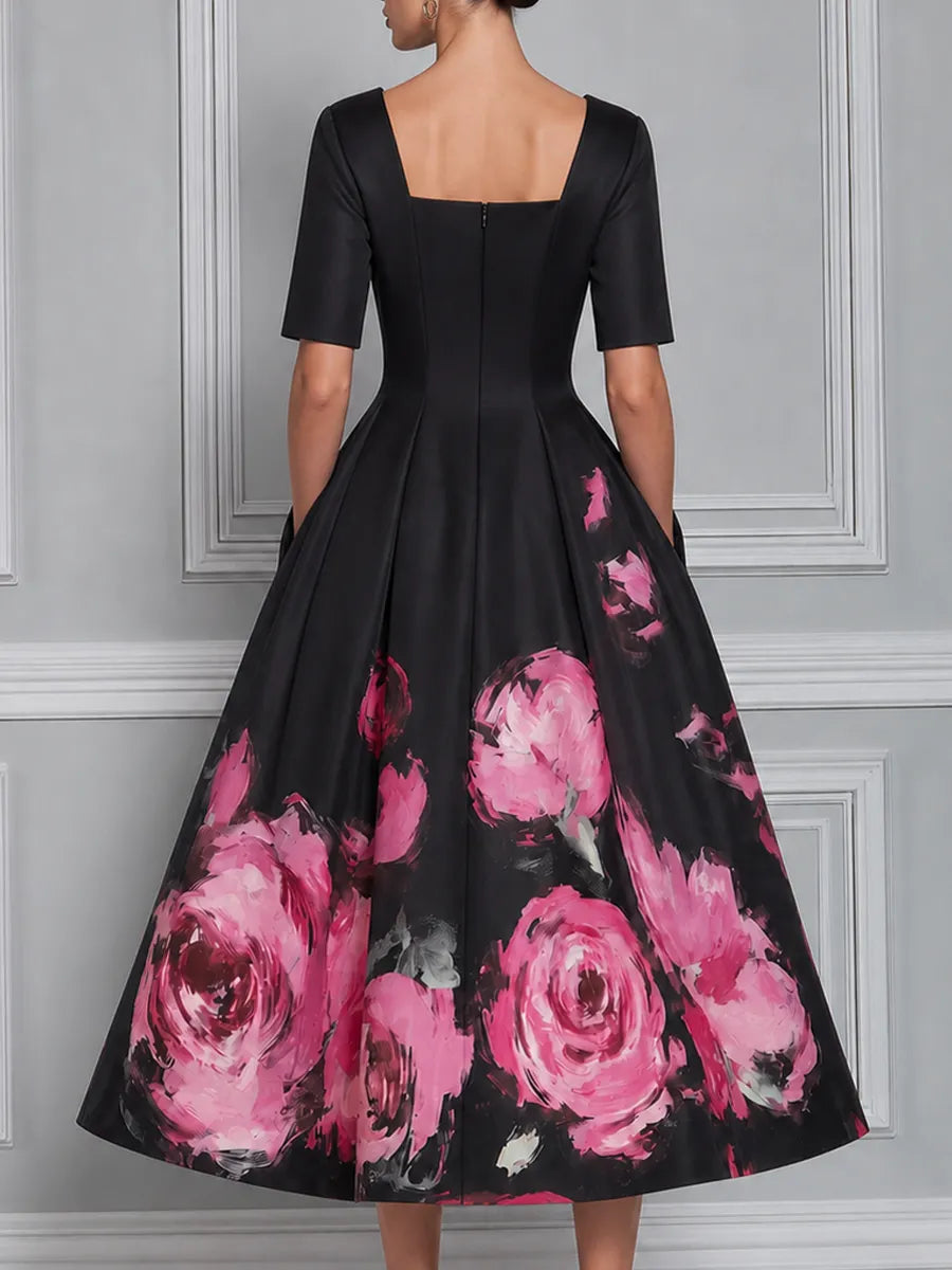 Black Watercolor Pink Rose Print Sweetheart Neck Fit And Flare Midi Dress