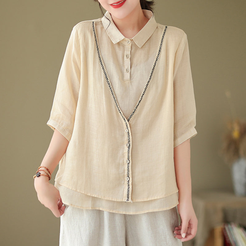 Women's Embroidery Button Down Cotton Linen Casual Shirt