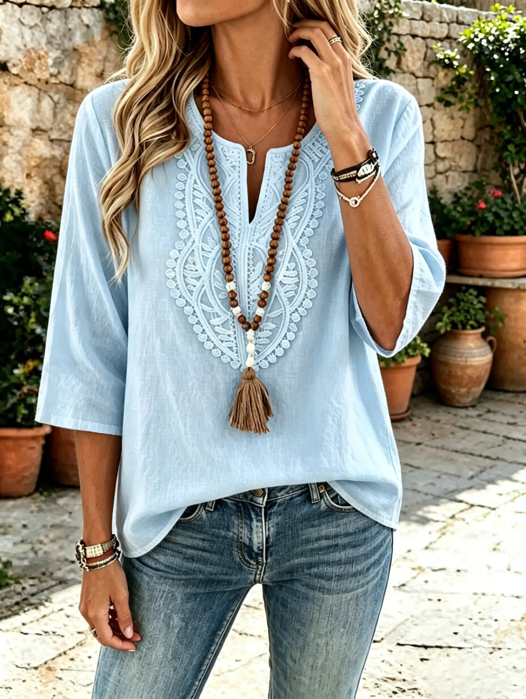 Women's Solid Front Eyelet Floral Embroidered V-Neck 3/4 Sleeve Linen Blouse