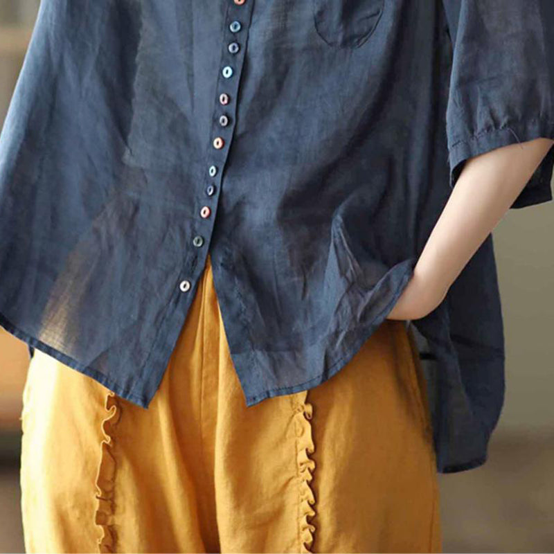 Vintage Colored Buttons Cotton Linen Solid Comfy Blouse