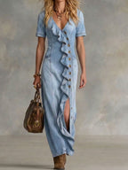 Women's V-neck Short-sleeve Ruffled Denim Dress