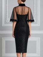 Floral High-Neck Sheer Cape Sequin Midi Dress