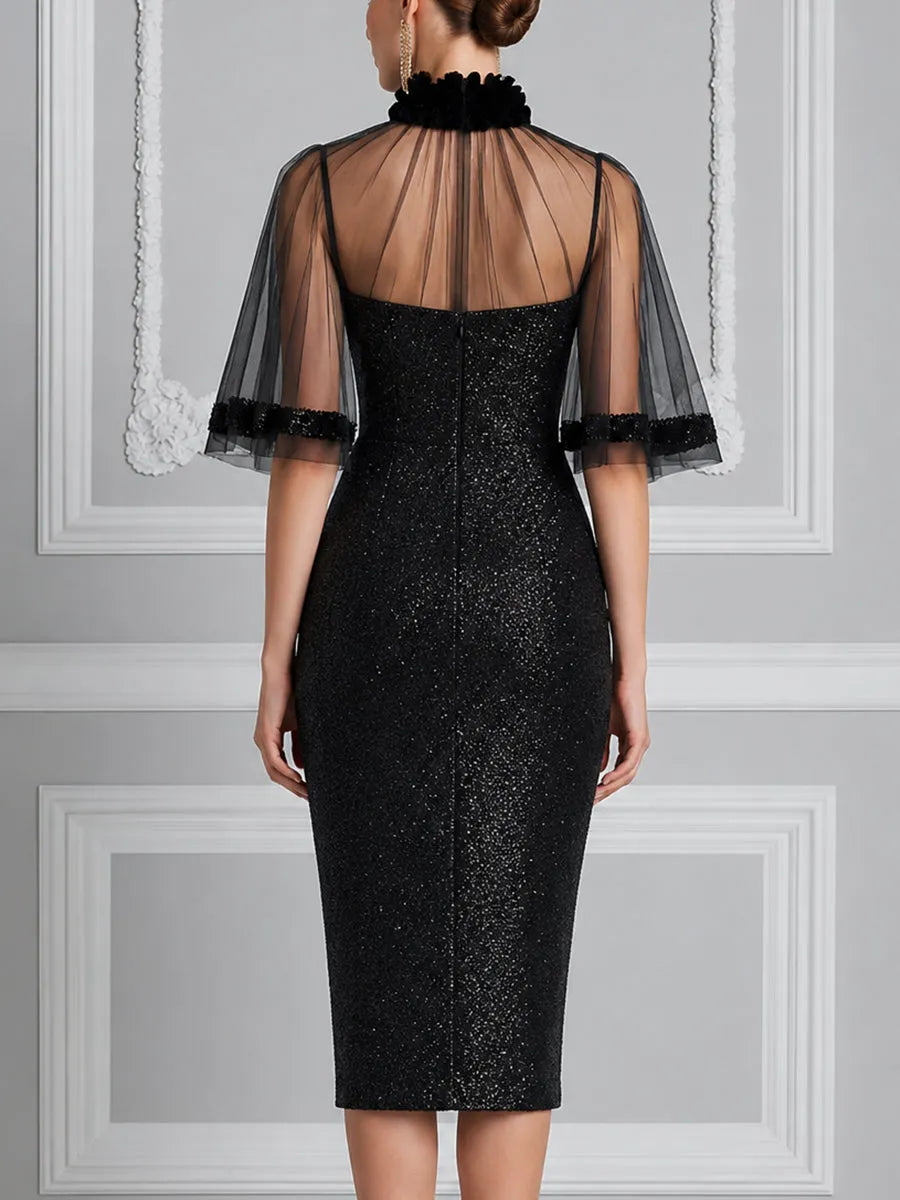 Floral High-Neck Sheer Cape Sequin Midi Dress
