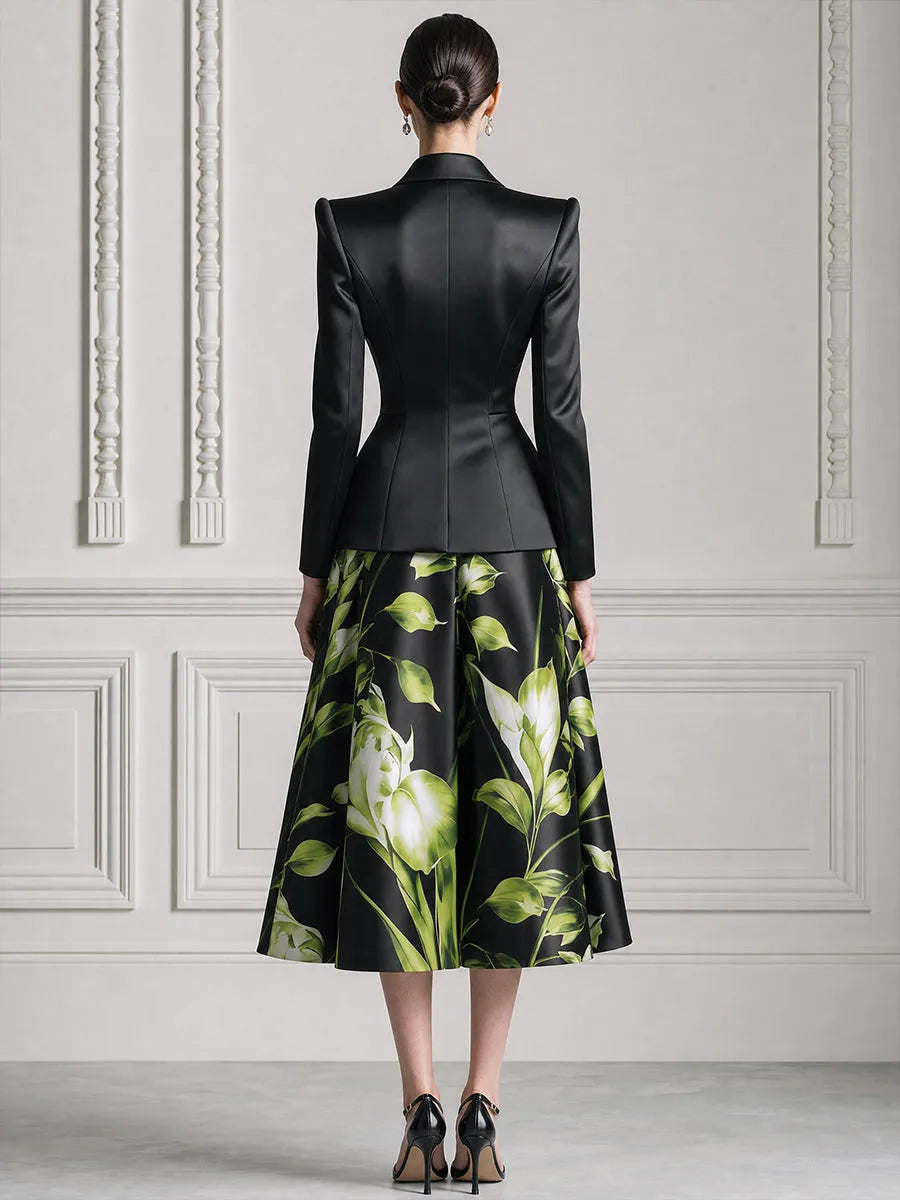 Satin Peplum Blazer & Floral Print A-Line Midi Skirt Set